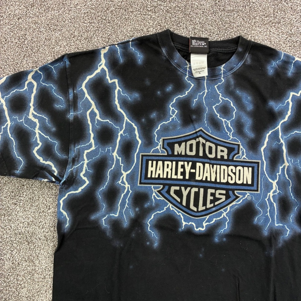 Vintage Harley Davidson Shirt Mens XL Black Lightning AOP Biker 2000 USA Made - Picture 2 of 5
